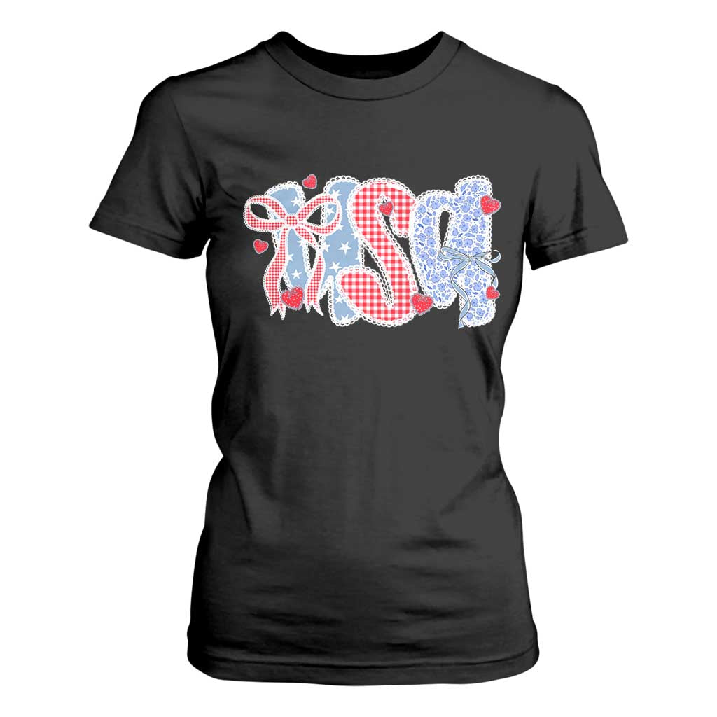 Funny USA Patriotic 4th of July Coquette Bow T Shirt For Women TS11 Black Print Your Wear