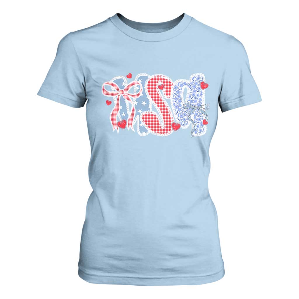 Funny USA Patriotic 4th of July Coquette Bow T Shirt For Women TS11 Light Blue Print Your Wear