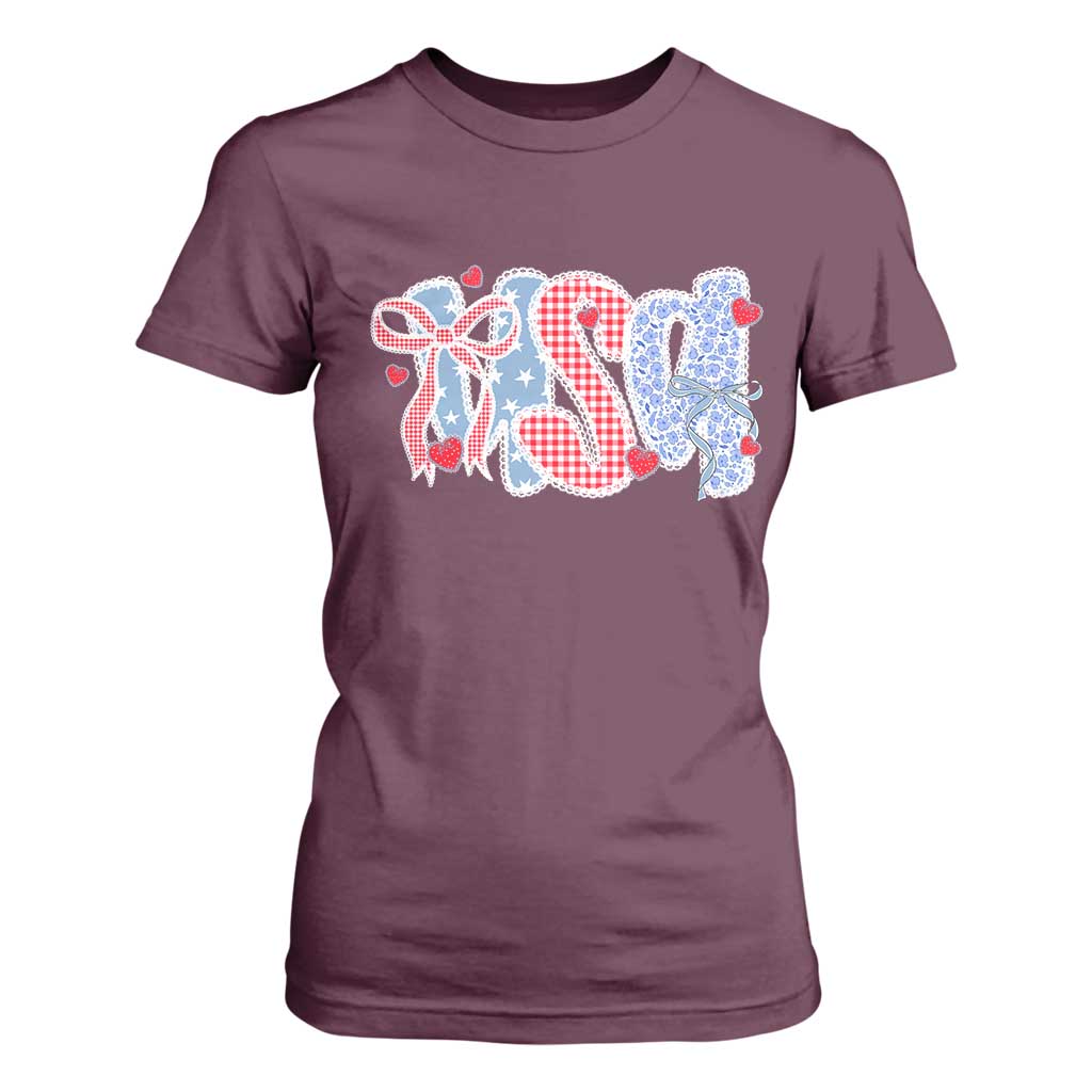 Funny USA Patriotic 4th of July Coquette Bow T Shirt For Women TS11 Maroon Print Your Wear