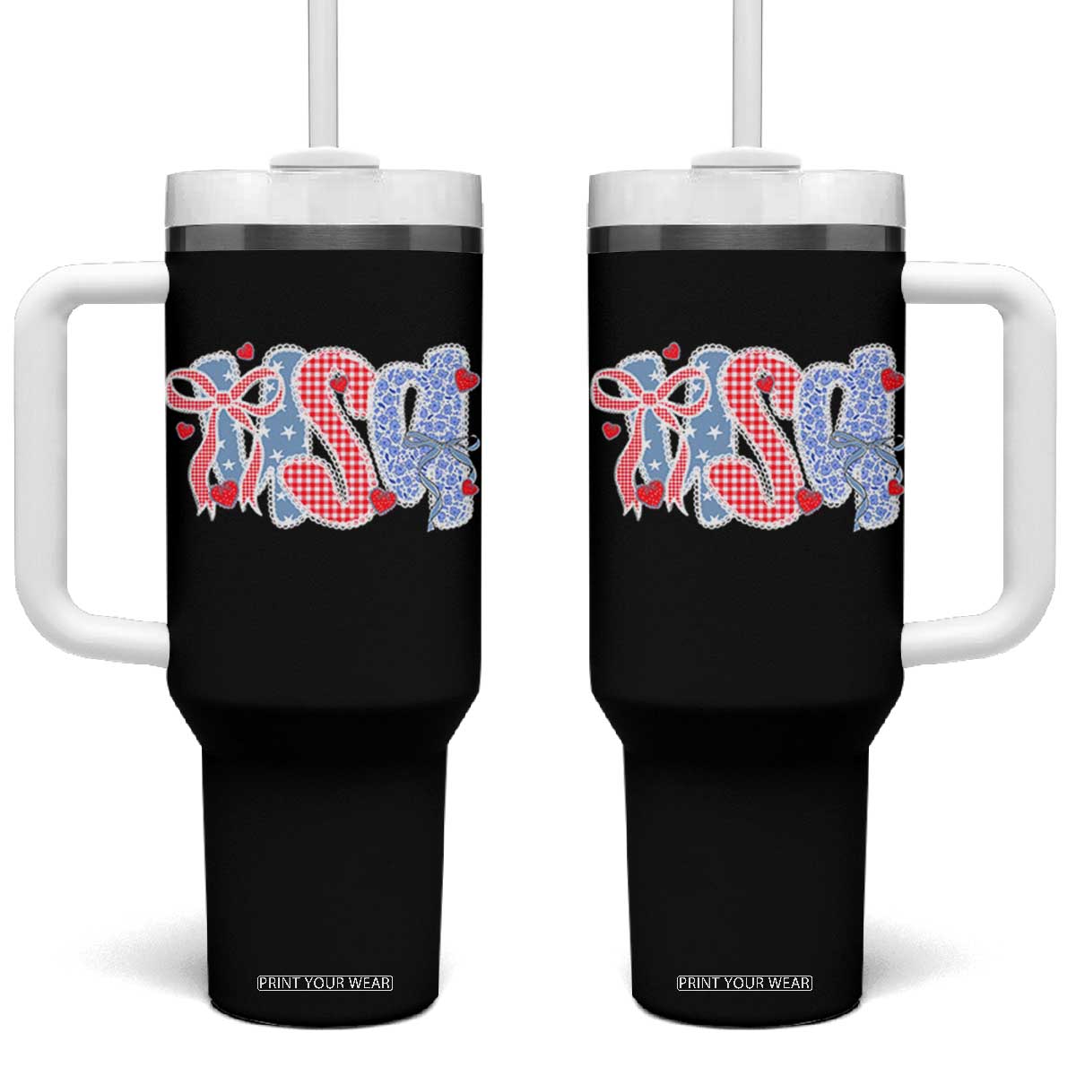 Funny USA Patriotic 4th of July Coquette Bow Tumbler With Handle TS11 One Size: 40 oz Black Print Your Wear