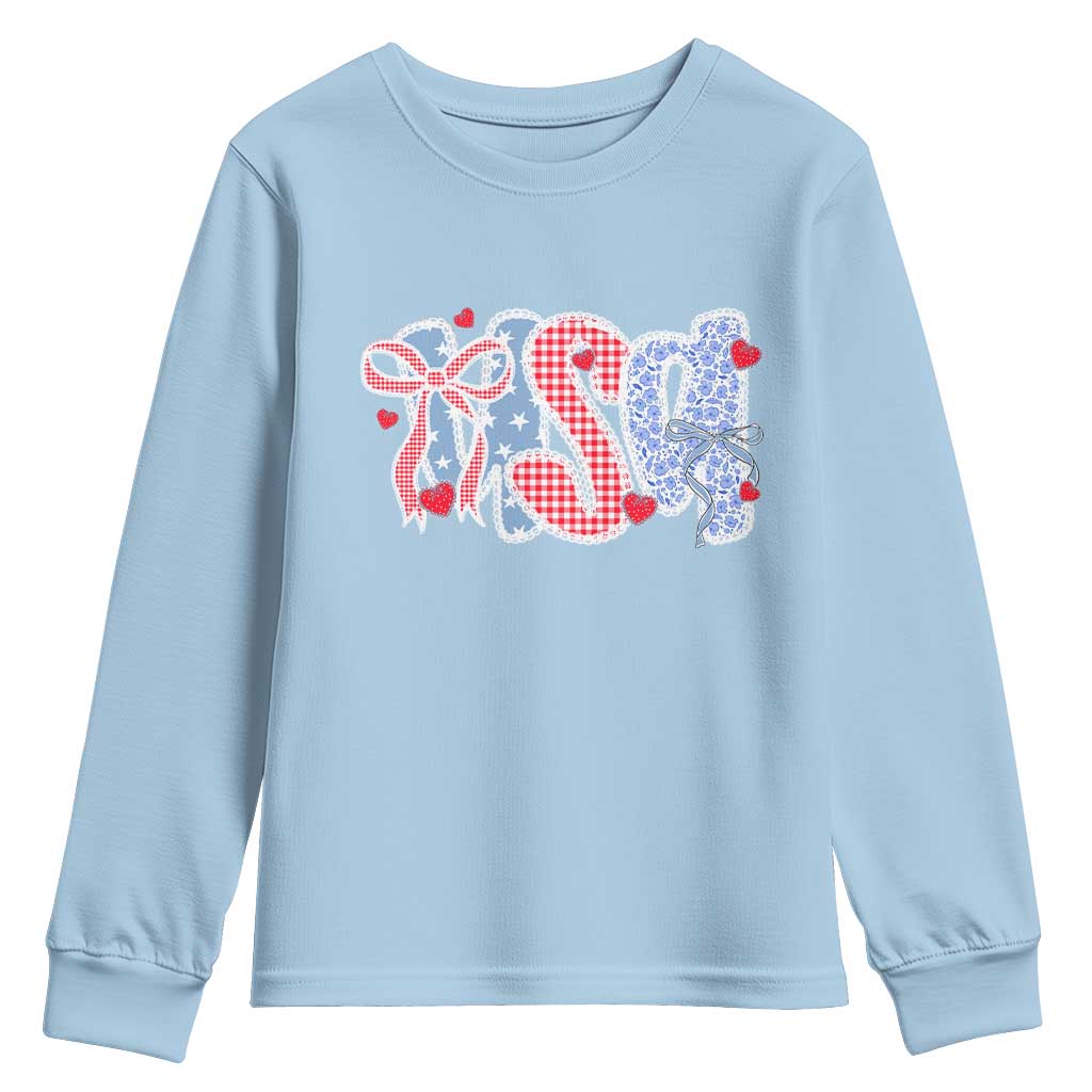 Funny USA Patriotic 4th of July Coquette Bow Youth Sweatshirt TS11 Light Blue Print Your Wear