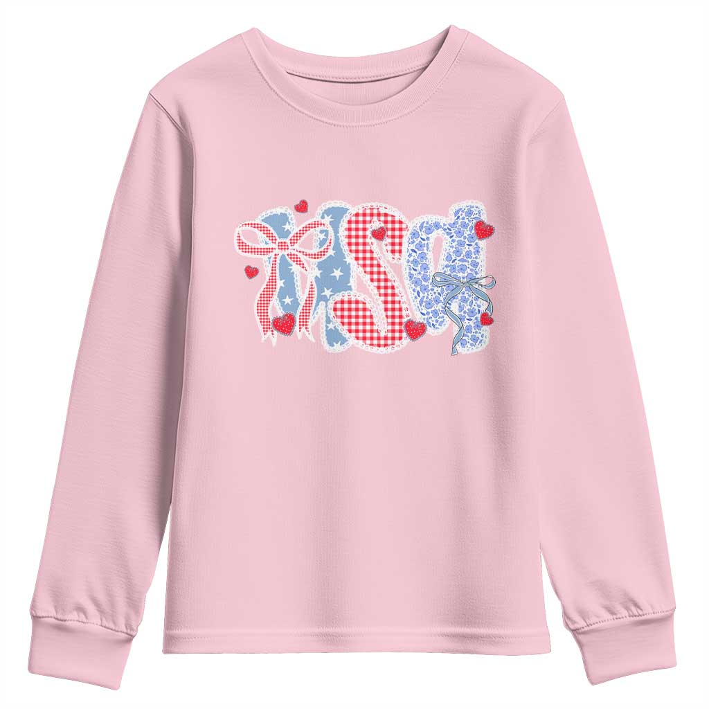 Funny USA Patriotic 4th of July Coquette Bow Youth Sweatshirt TS11 Light Pink Print Your Wear