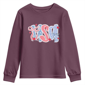 Funny USA Patriotic 4th of July Coquette Bow Youth Sweatshirt TS11 Maroon Print Your Wear