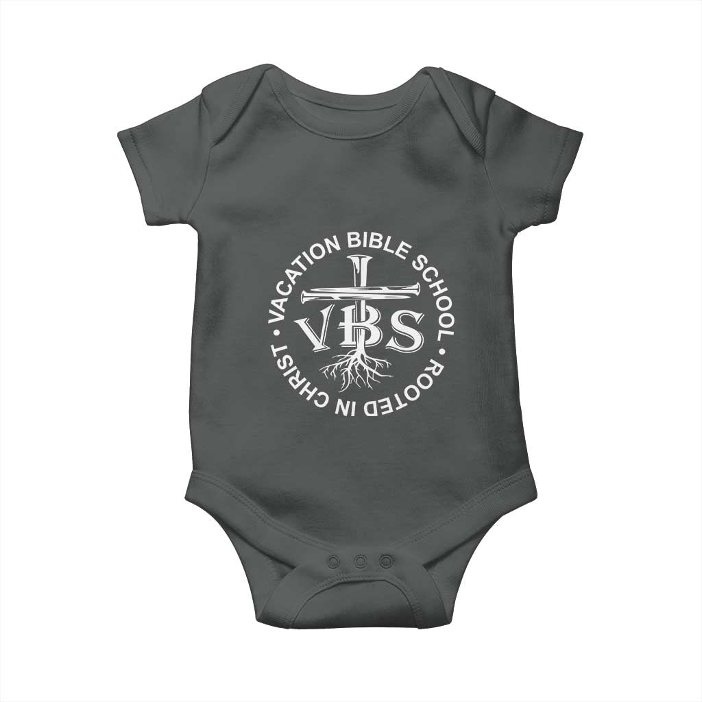 Funny VBS Vacation Bible School Rooted In Christ Baby Onesie TS11 Dark Heather Print Your Wear
