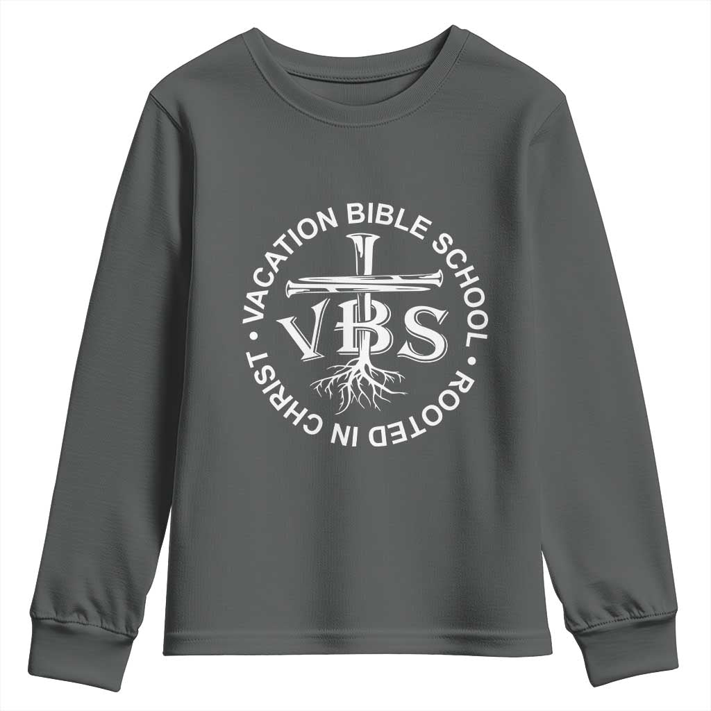 Funny VBS Vacation Bible School Rooted In Christ Youth Sweatshirt TS11 Dark Heather Print Your Wear