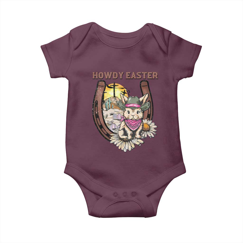 Funny Western Easter Day Baby Onesie Howdy Easter Country Cowboy Bunny Horseshoe TS11 Maroon Print Your Wear