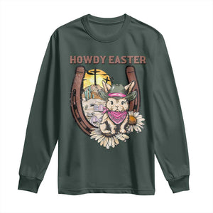 Funny Western Easter Day Long Sleeve Shirt Howdy Easter Country Cowboy Bunny Horseshoe TS11 Dark Forest Green Print Your Wear