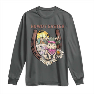 Funny Western Easter Day Long Sleeve Shirt Howdy Easter Country Cowboy Bunny Horseshoe TS11 Dark Heather Print Your Wear