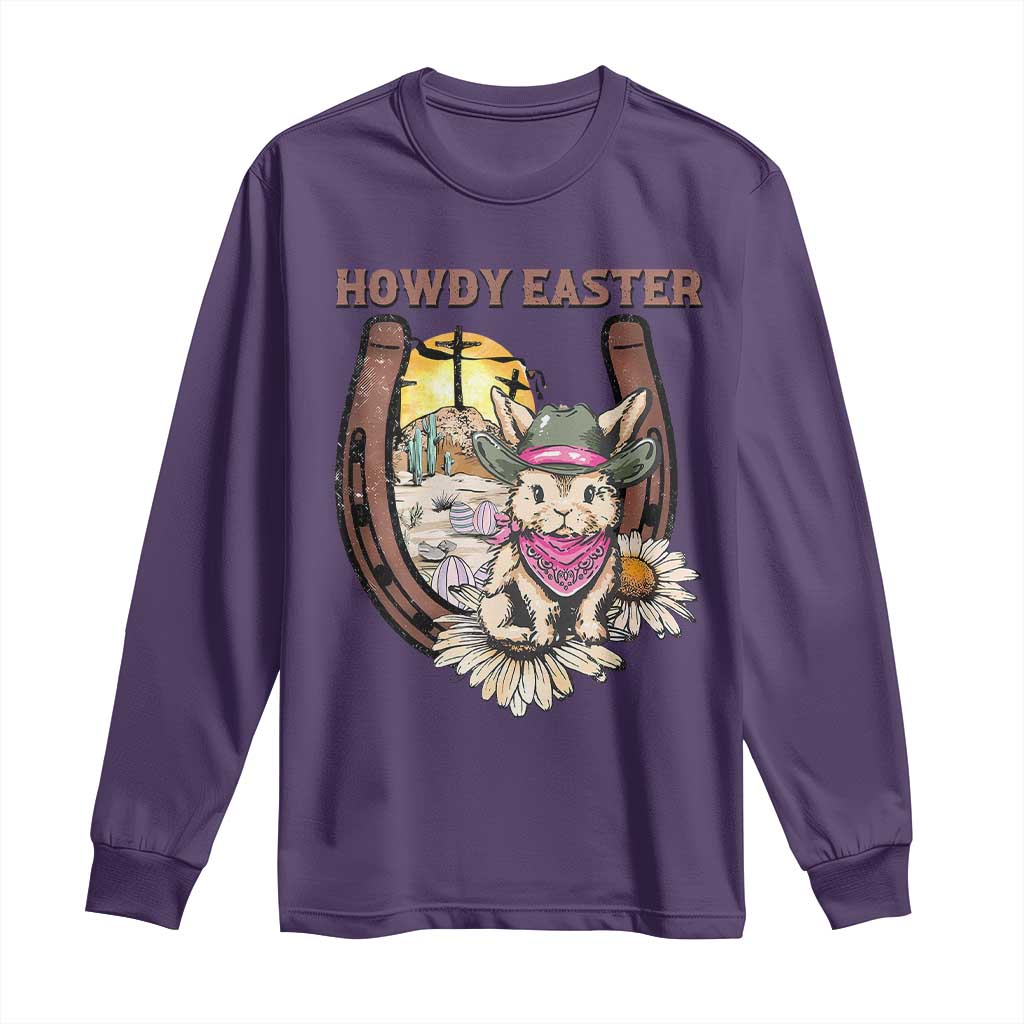 Funny Western Easter Day Long Sleeve Shirt Howdy Easter Country Cowboy Bunny Horseshoe TS11 Purple Print Your Wear
