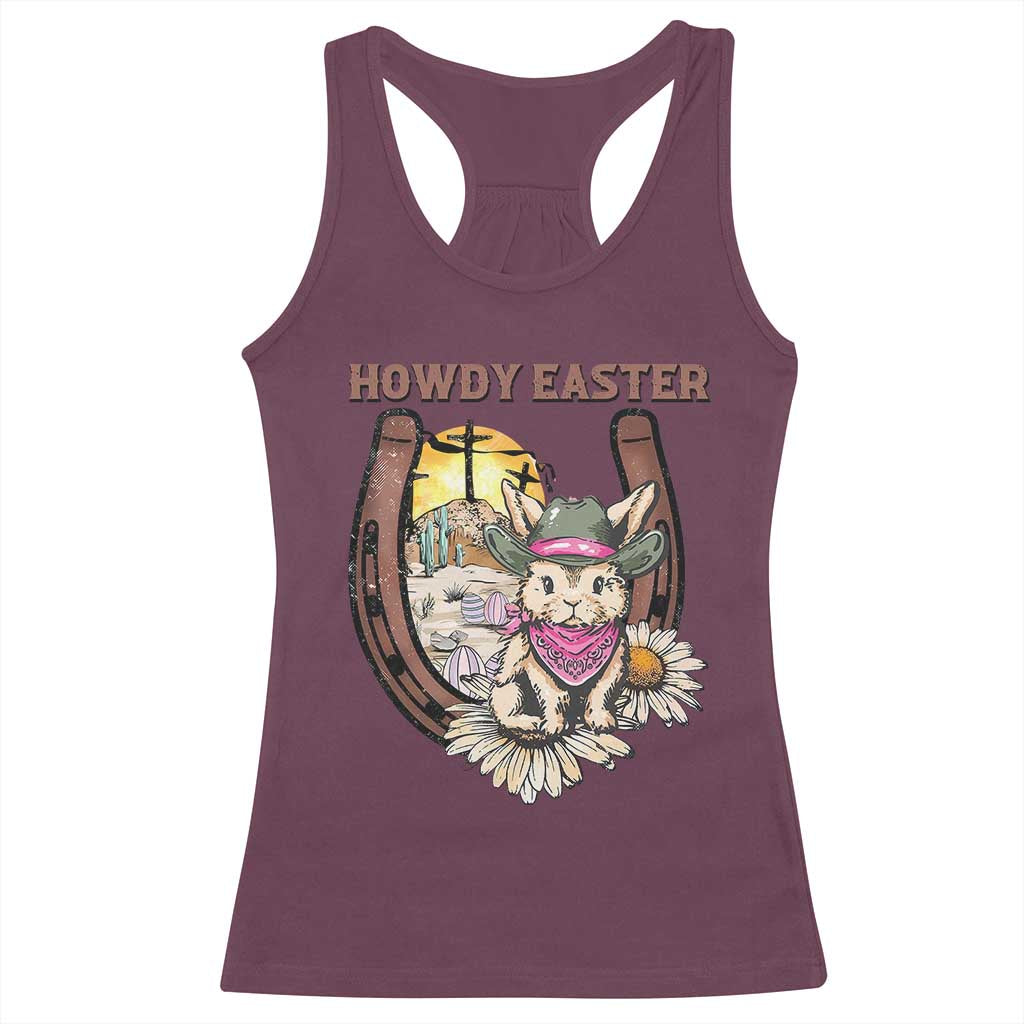 Funny Western Easter Day Racerback Tank Top Howdy Easter Country Cowboy Bunny Horseshoe TS11 Maroon Print Your Wear