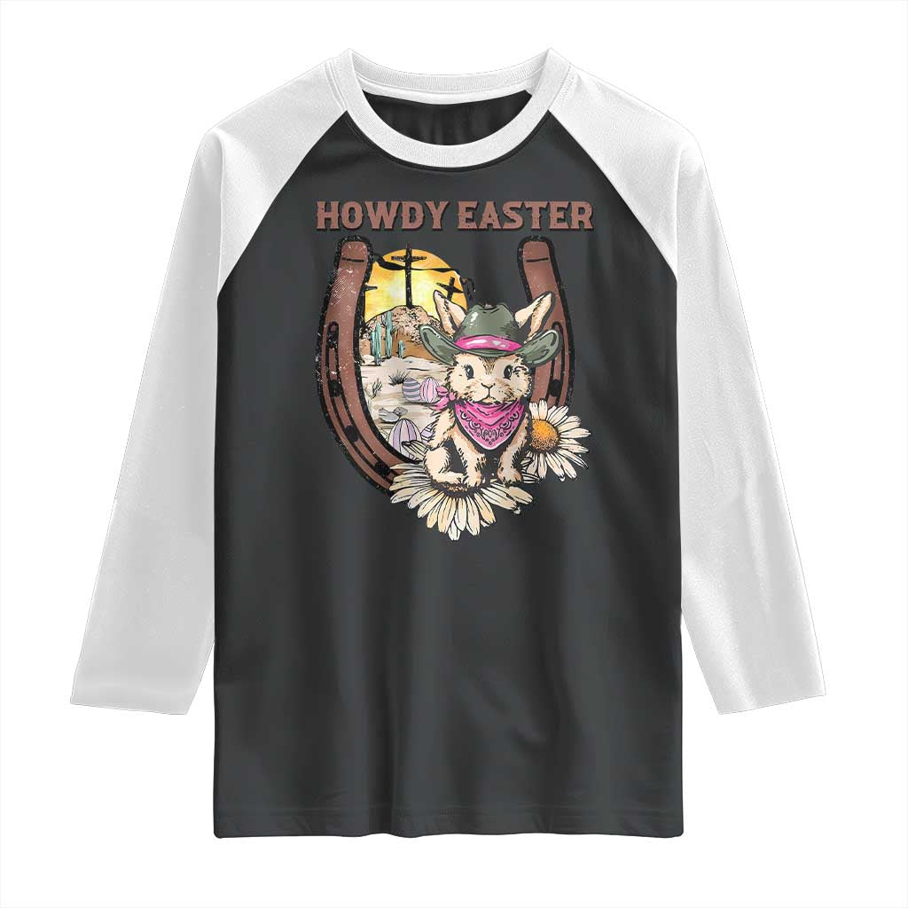 Funny Western Easter Day Raglan Shirt Howdy Easter Country Cowboy Bunny Horseshoe TS11 Black White Print Your Wear