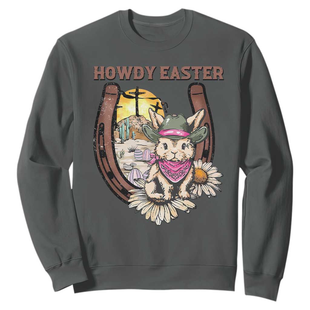 Funny Western Easter Day Sweatshirt Howdy Easter Country Cowboy Bunny Horseshoe TS11 Dark Heather Print Your Wear