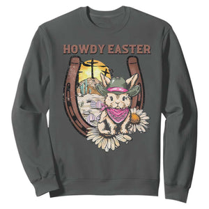 Funny Western Easter Day Sweatshirt Howdy Easter Country Cowboy Bunny Horseshoe TS11 Dark Heather Print Your Wear