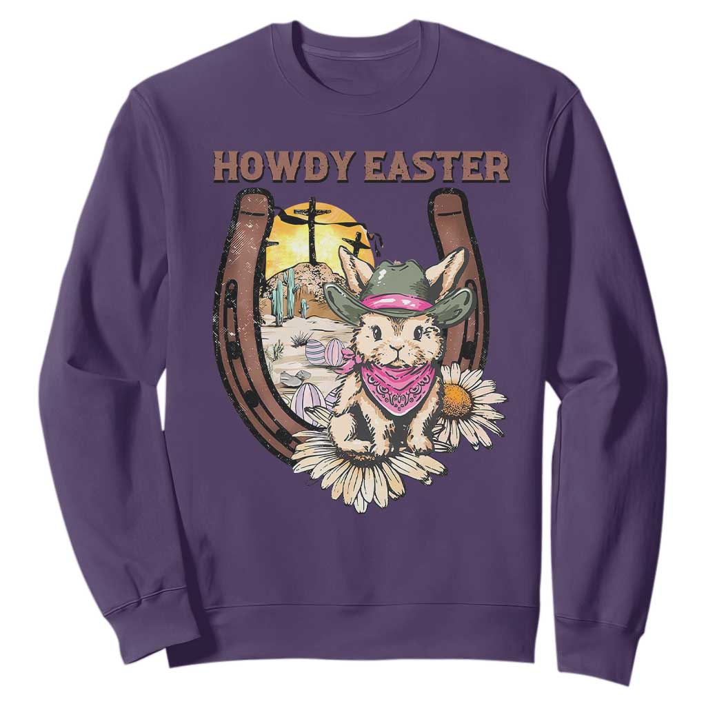 Funny Western Easter Day Sweatshirt Howdy Easter Country Cowboy Bunny Horseshoe TS11 Purple Print Your Wear