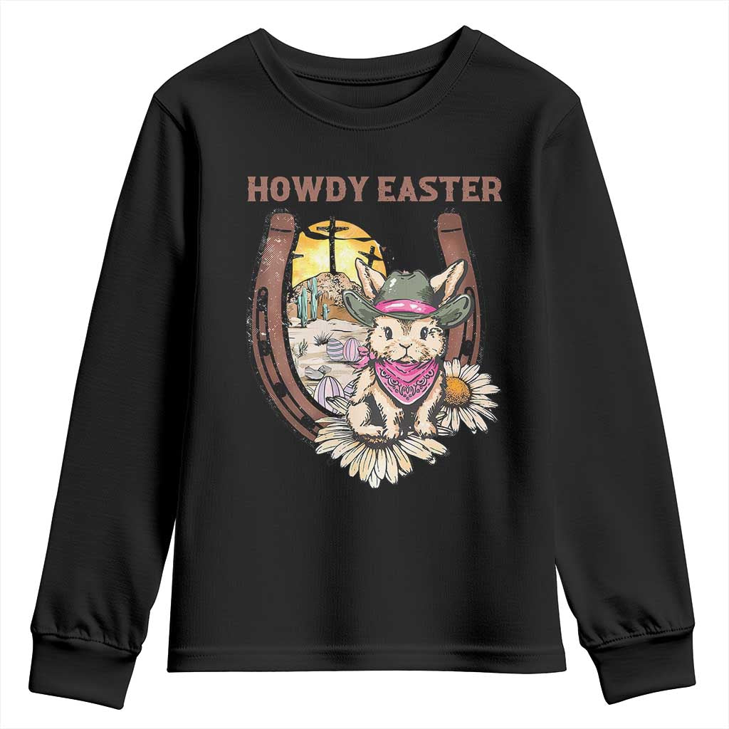 Funny Western Easter Day Youth Sweatshirt Howdy Easter Country Cowboy Bunny Horseshoe TS11 Black Print Your Wear