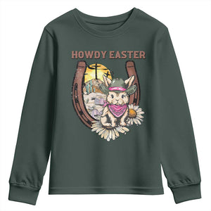 Funny Western Easter Day Youth Sweatshirt Howdy Easter Country Cowboy Bunny Horseshoe TS11 Dark Forest Green Print Your Wear