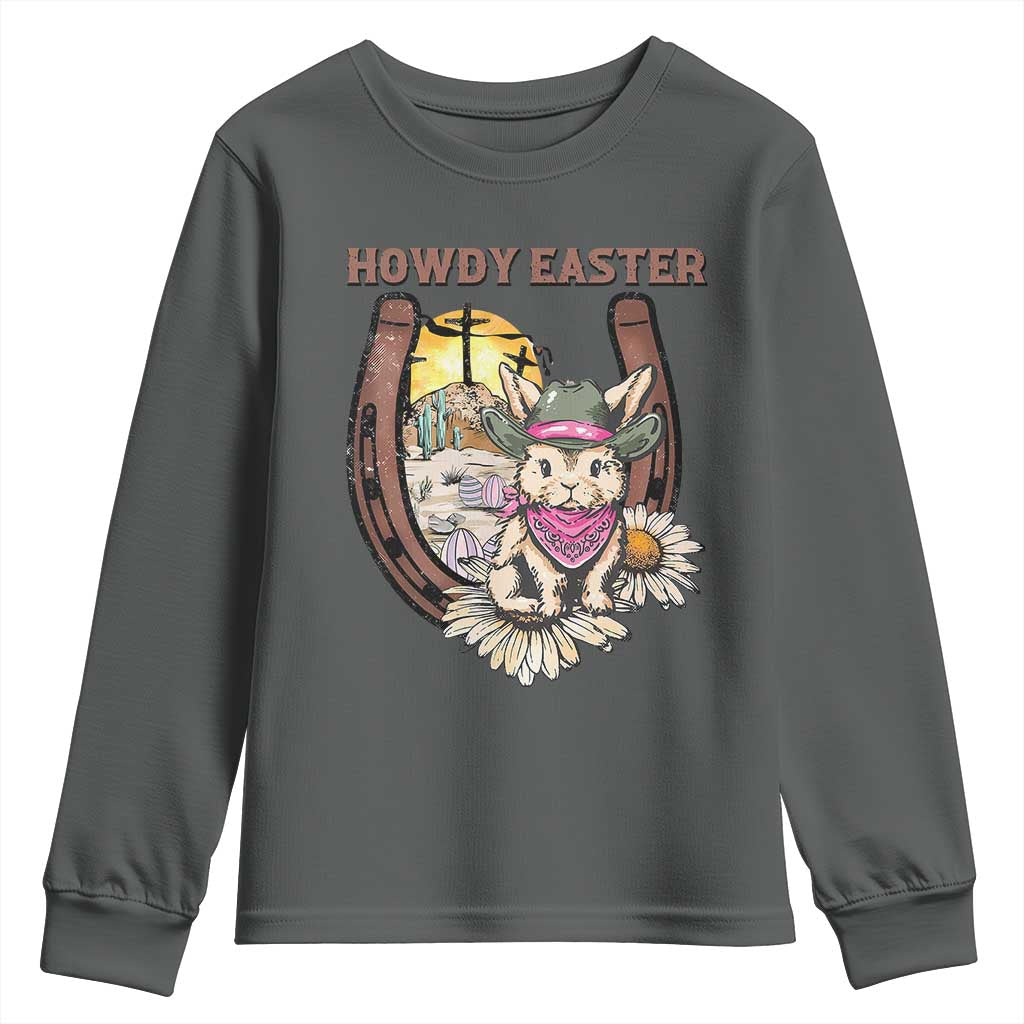 Funny Western Easter Day Youth Sweatshirt Howdy Easter Country Cowboy Bunny Horseshoe TS11 Dark Heather Print Your Wear