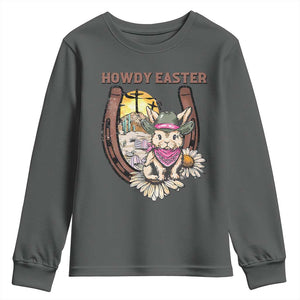 Funny Western Easter Day Youth Sweatshirt Howdy Easter Country Cowboy Bunny Horseshoe TS11 Dark Heather Print Your Wear