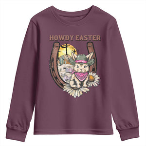 Funny Western Easter Day Youth Sweatshirt Howdy Easter Country Cowboy Bunny Horseshoe TS11 Maroon Print Your Wear