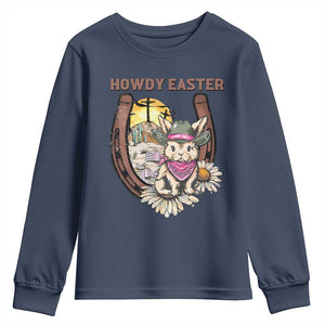 Funny Western Easter Day Youth Sweatshirt Howdy Easter Country Cowboy Bunny Horseshoe TS11 Navy Print Your Wear