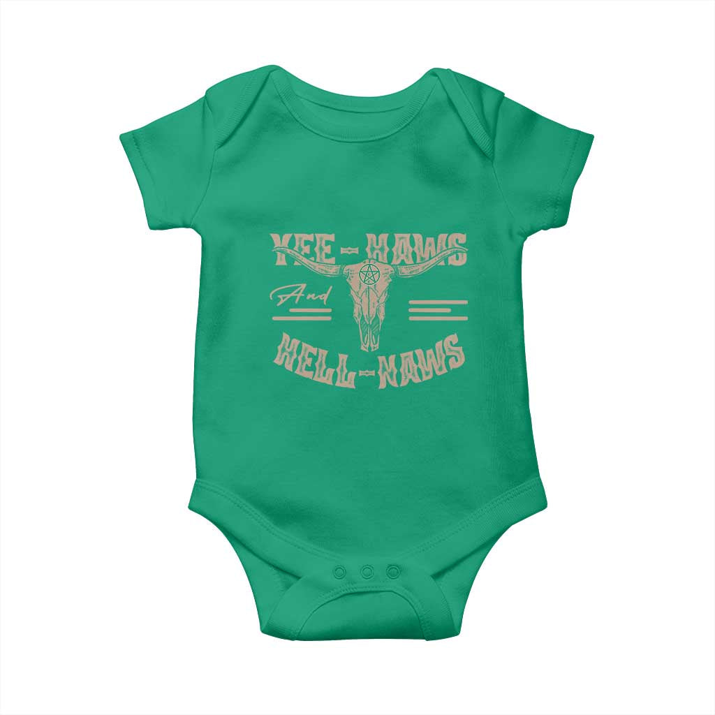 Funny Yee Haws And Hell Naws Baby Onesie Western Country Cowboy Longhorn Skull TS11 Irish Green Print Your Wear
