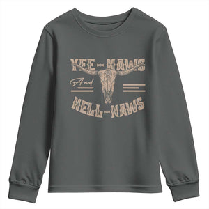 Funny Yee Haws And Hell Naws Youth Sweatshirt Western Country Cowboy Longhorn Skull TS11 Dark Heather Print Your Wear