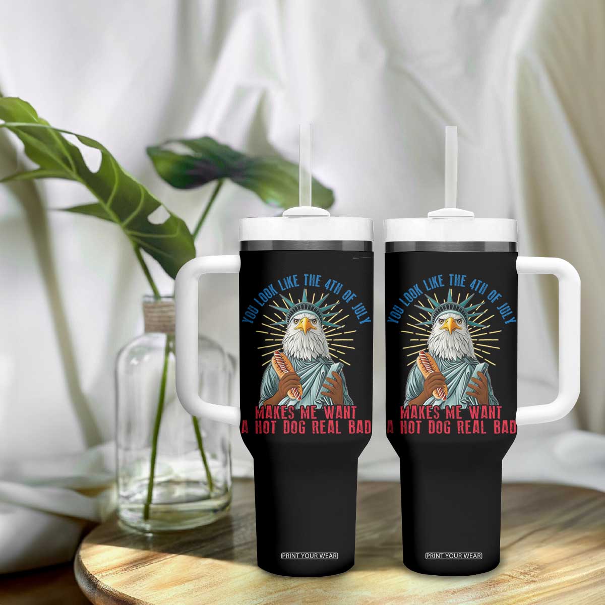 Funny You Look Like The 4th Of July Makes Me Want A Hot Dog Real Bad Tumbler With Handle Eagle Statue Of Liberty TS11 Print Your Wear