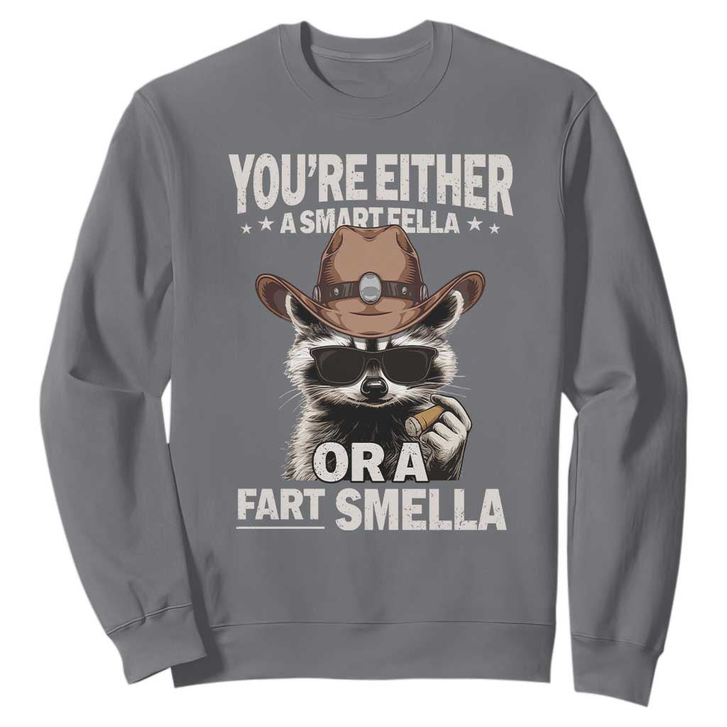 Funny You're Either A Smart Fella Or A Fart Smella Sweatshirt Cowboy Racoon TS11 Charcoal Print Your Wear
