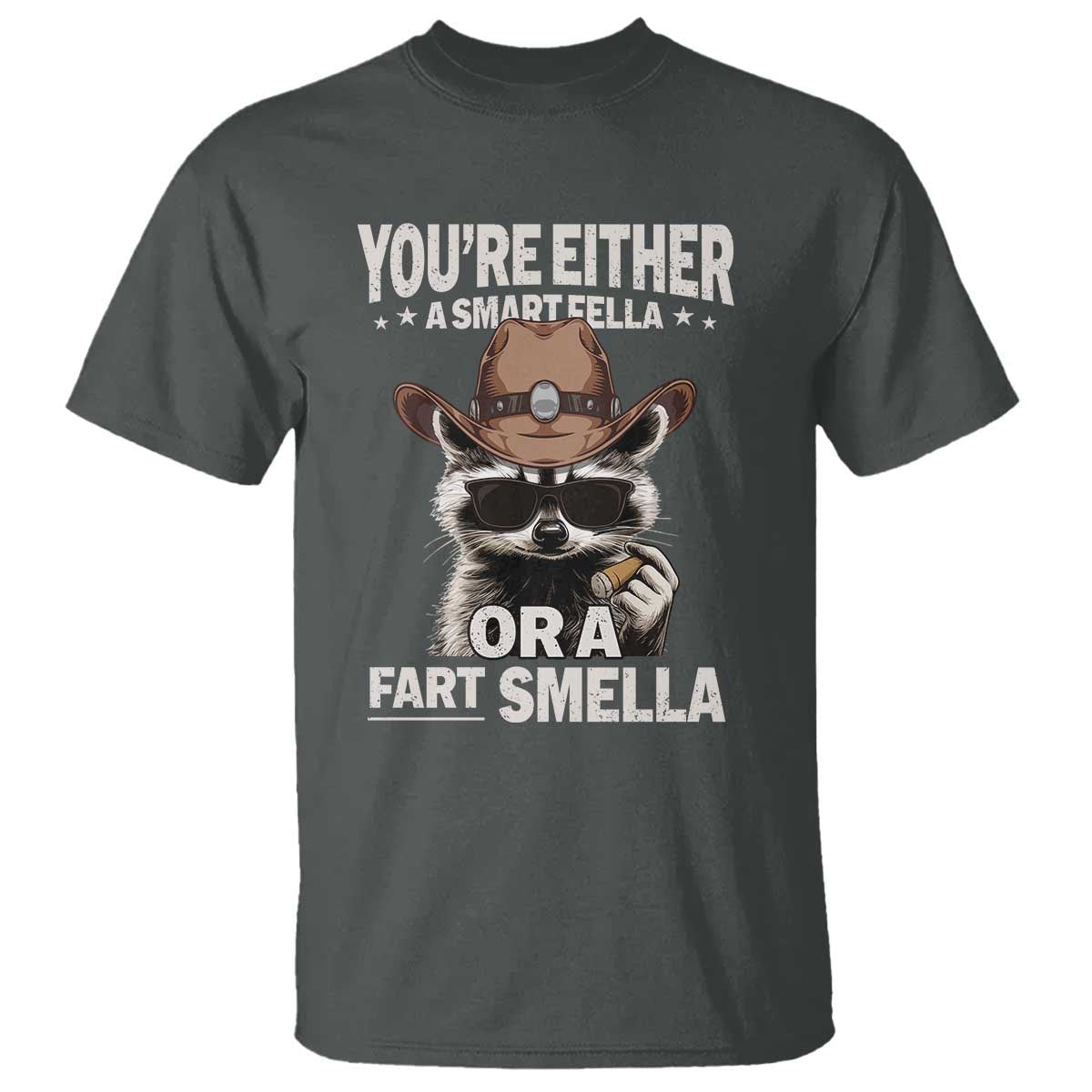 Funny You're Either A Smart Fella Or A Fart Smella T Shirt Cowboy Racoon TS11 Dark Heather Print Your Wear