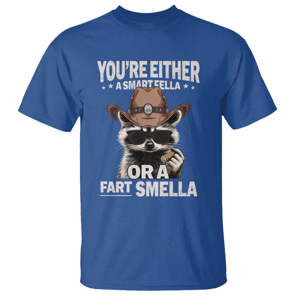 Funny You're Either A Smart Fella Or A Fart Smella T Shirt Cowboy Racoon TS11 Royal Blue Print Your Wear