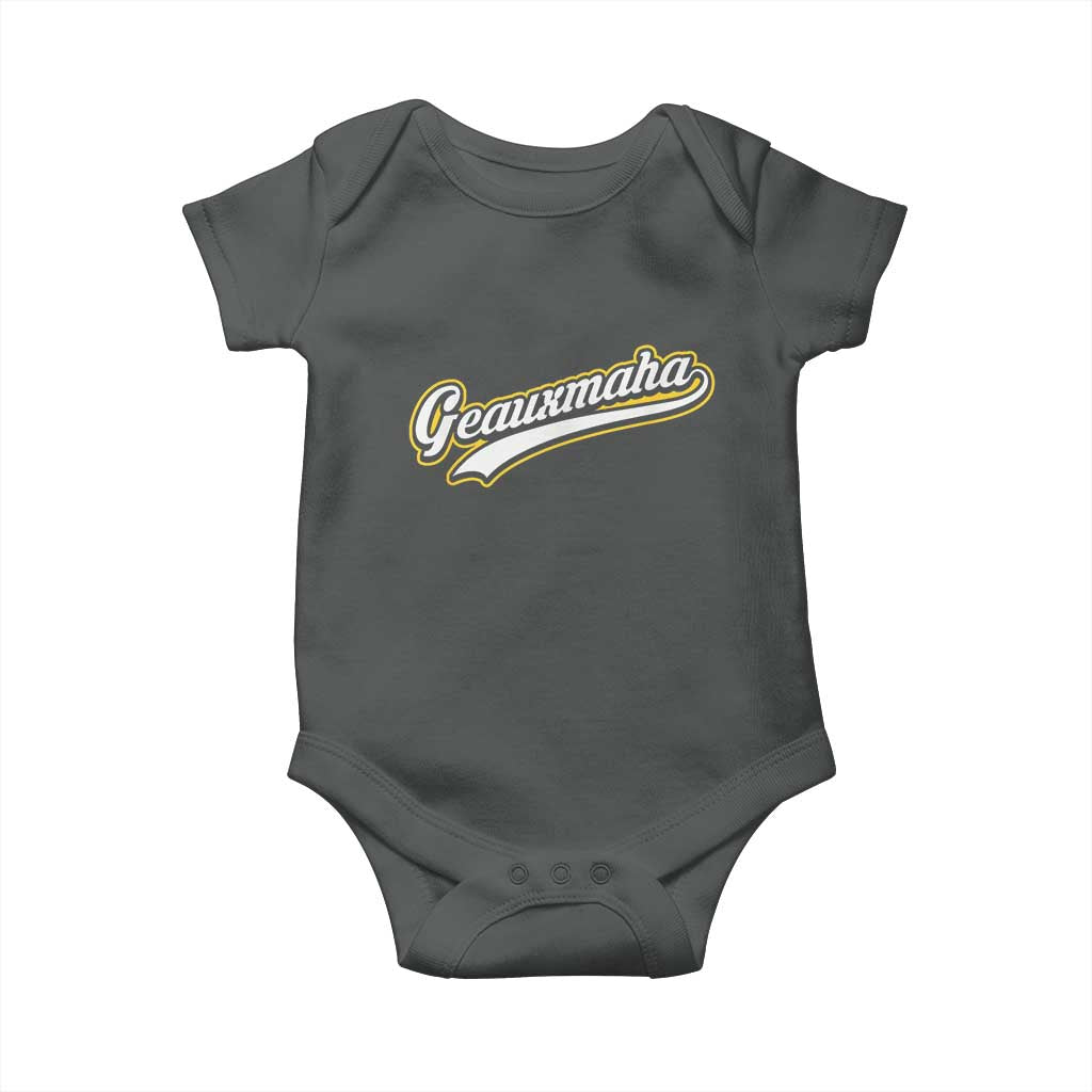 Geauxmaha Vintage Throwback Design Baby Onesie Purple and Gold Baseball Fan TS02 Dark Heather Print Your Wear