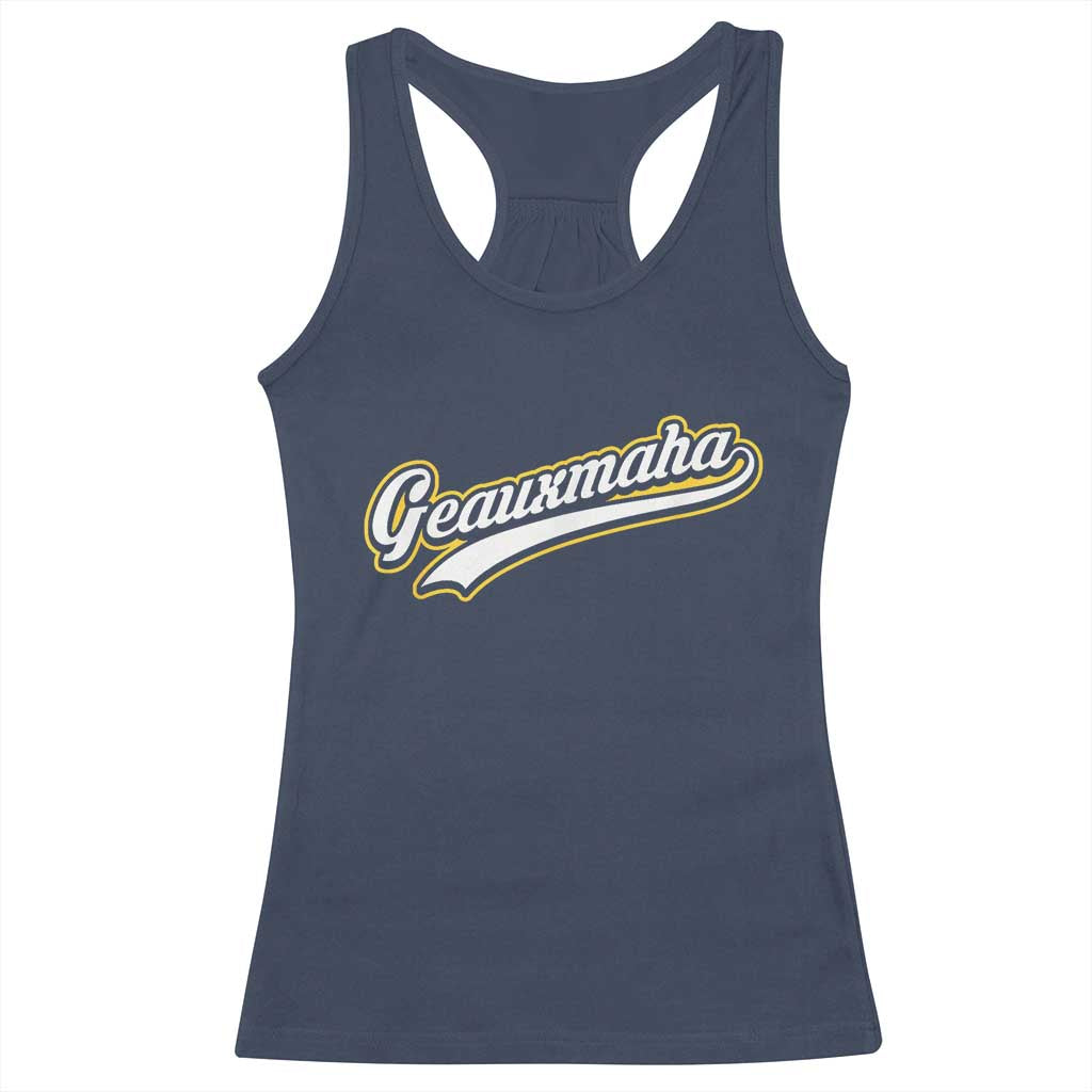 Geauxmaha Vintage Throwback Design Racerback Tank Top Purple and Gold Baseball Fan TS02 Navy Print Your Wear
