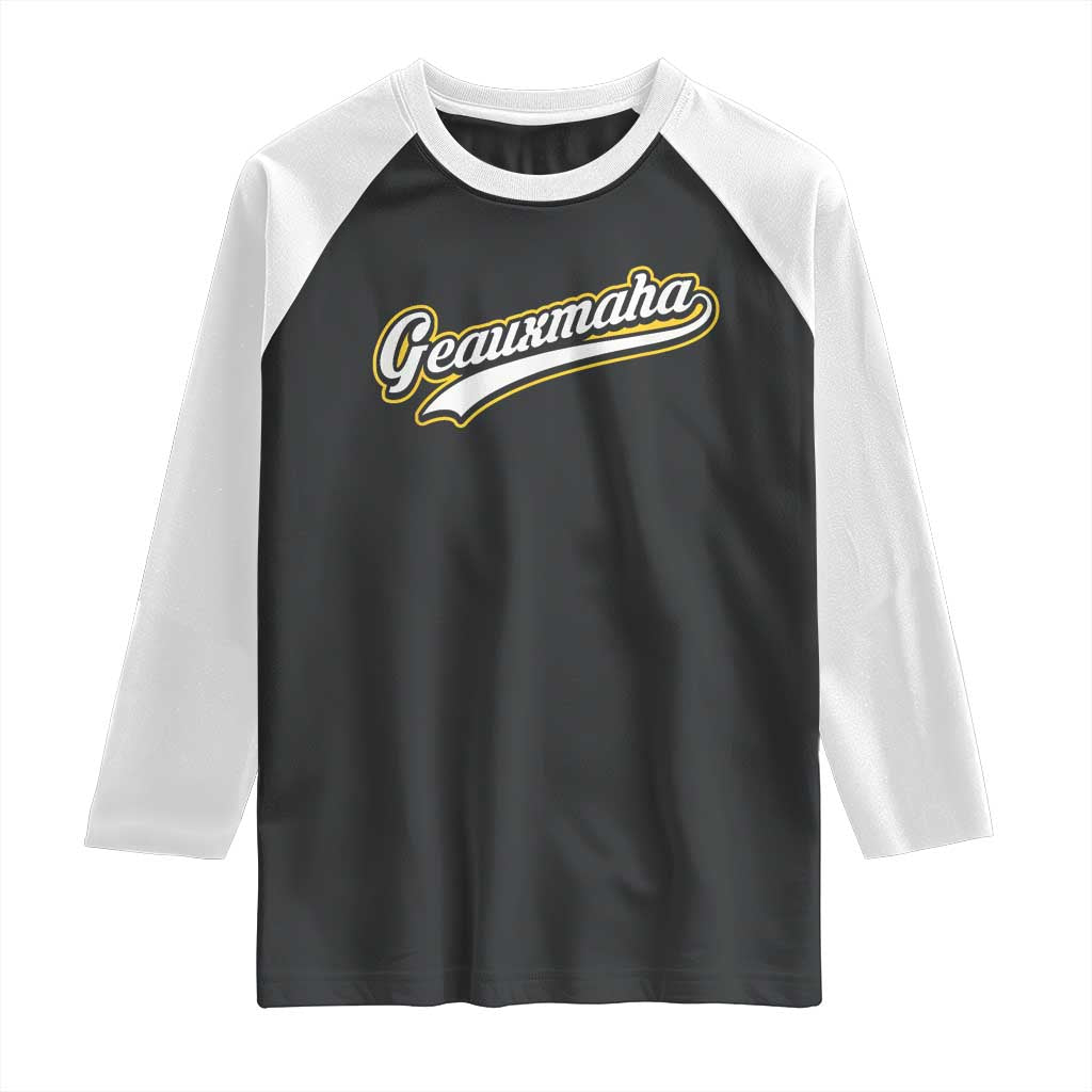 Geauxmaha Vintage Throwback Design Raglan Shirt Purple and Gold Baseball Fan TS02 Black White Print Your Wear