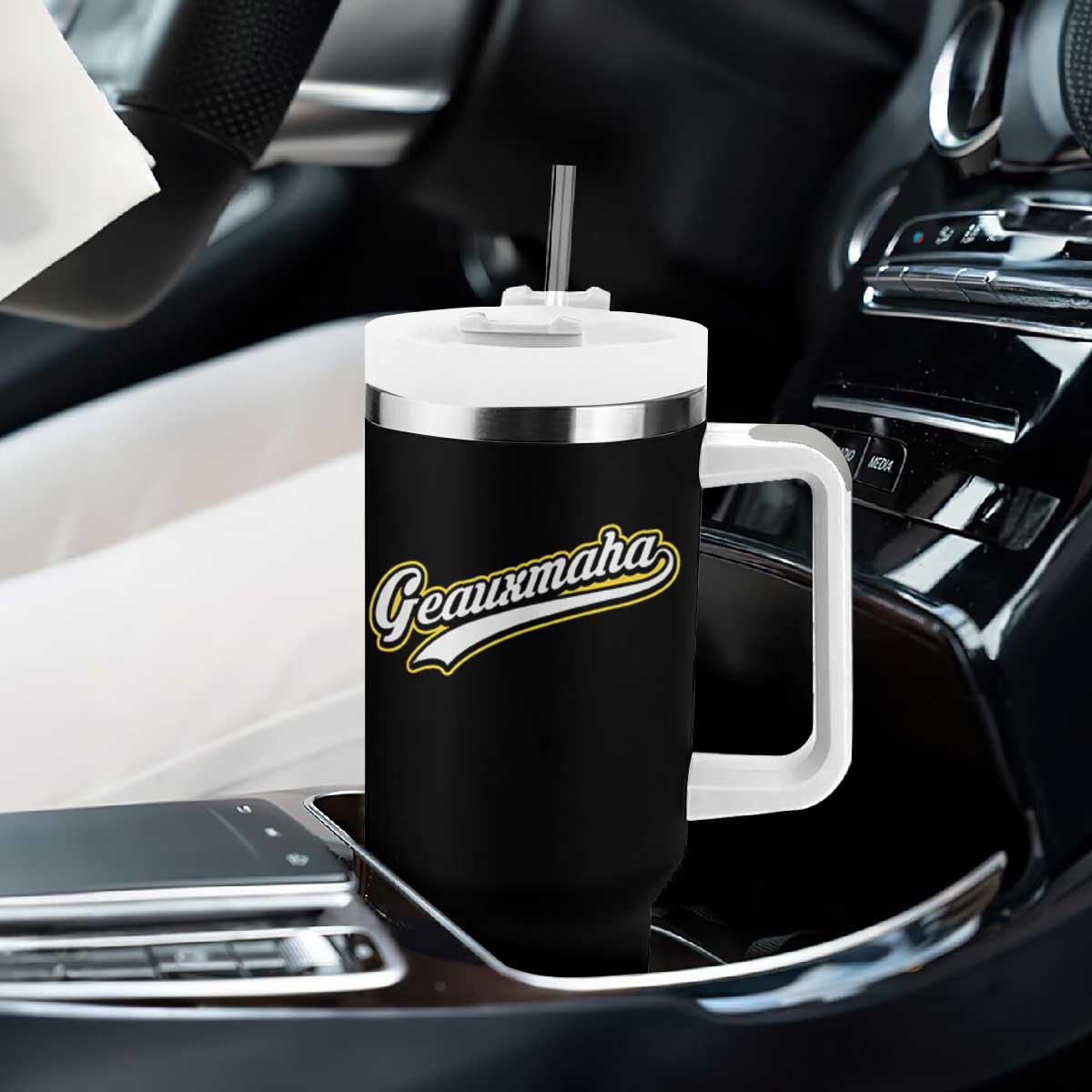 Geauxmaha Vintage Throwback Design Tumbler With Handle Purple and Gold Baseball Fan TS02 Print Your Wear
