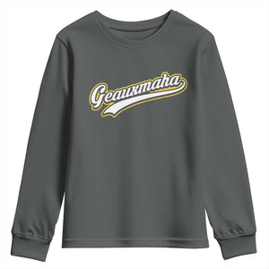 Geauxmaha Vintage Throwback Design Youth Sweatshirt Purple and Gold Baseball Fan TS02 Dark Heather Print Your Wear