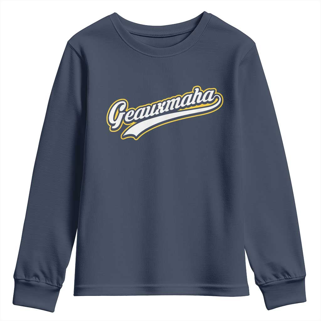 Geauxmaha Vintage Throwback Design Youth Sweatshirt Purple and Gold Baseball Fan TS02 Navy Print Your Wear