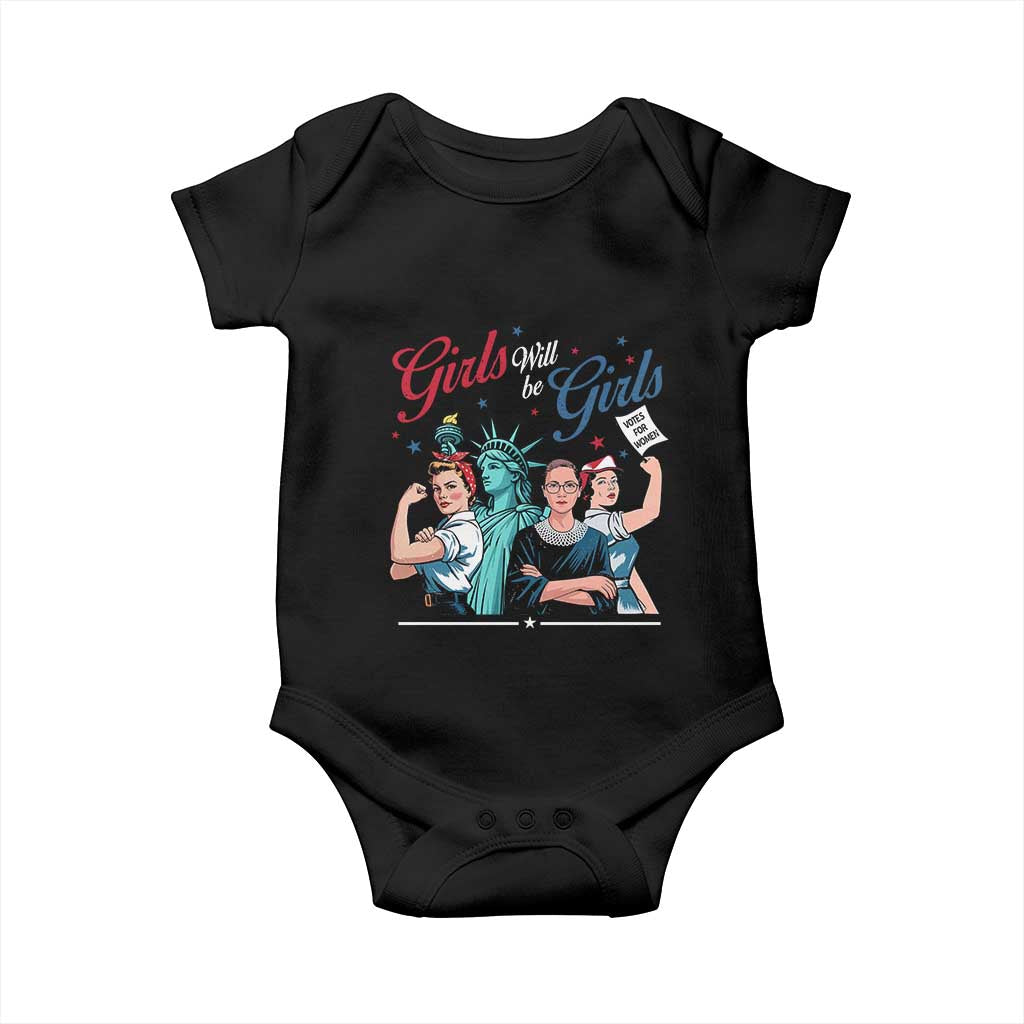 Girl Will be Girls Patriotic Feminist 4th of July Baby Onesie TS11 Black Print Your Wear
