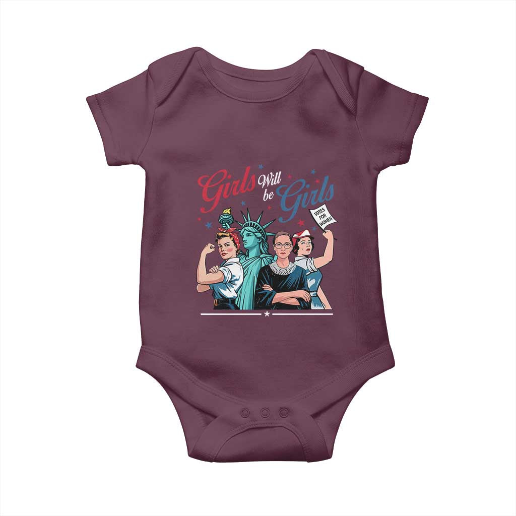 Girl Will be Girls Patriotic Feminist 4th of July Baby Onesie TS11 Maroon Print Your Wear