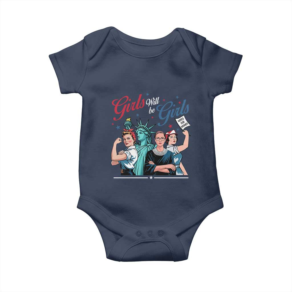 Girl Will be Girls Patriotic Feminist 4th of July Baby Onesie TS11 Navy Print Your Wear