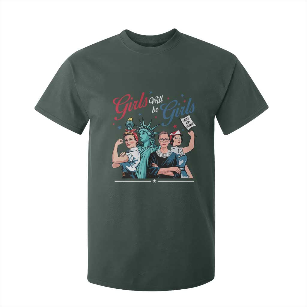 Girl Will be Girls Patriotic Feminist 4th of July T Shirt For Kid TS11 Dark Forest Green Print Your Wear