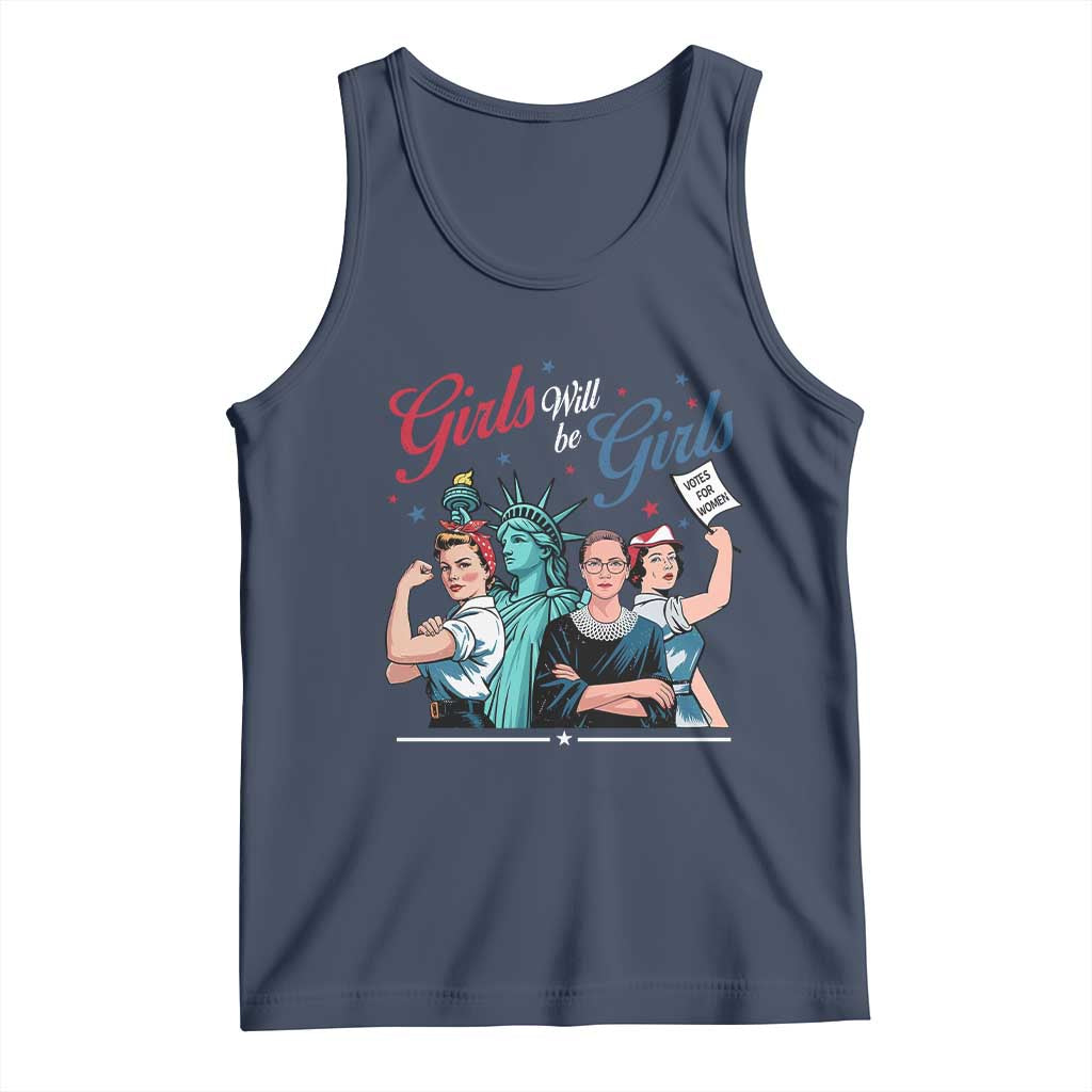 Girl Will be Girls Patriotic Feminist 4th of July Tank Top TS11 Navy Print Your Wear