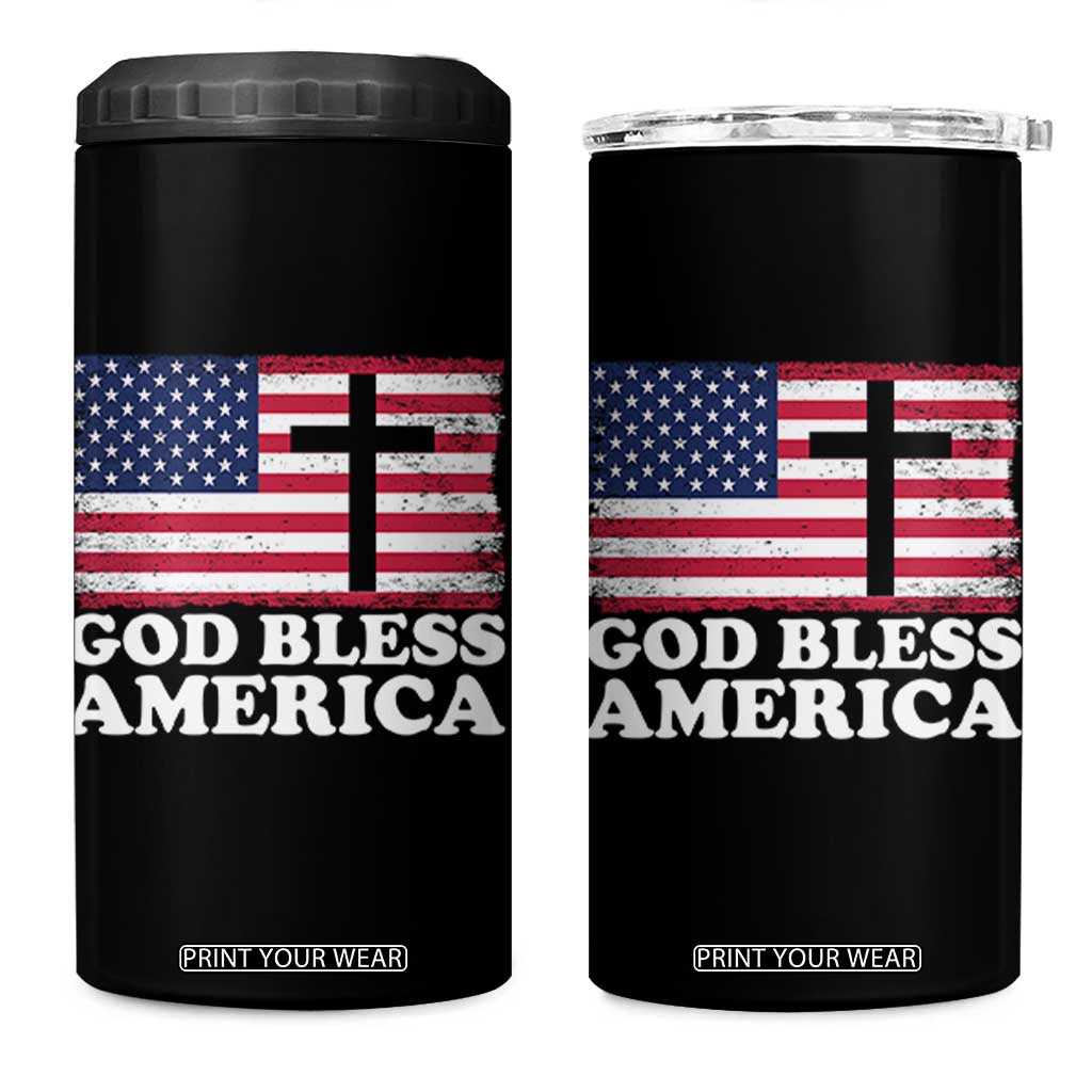 God Bless America 4 in 1 Can Cooler Tumbler Cross USA Flag Patriotic 4th of July Christian TS10 One Size: 16 oz Black Print Your Wear