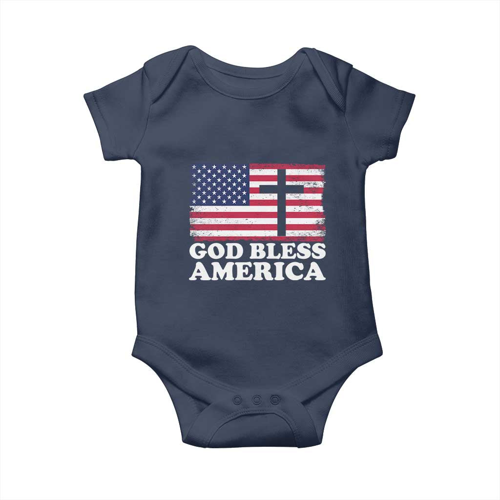 God Bless America Baby Onesie Cross USA Flag Patriotic 4th of July Christian TS10 Navy Print Your Wear