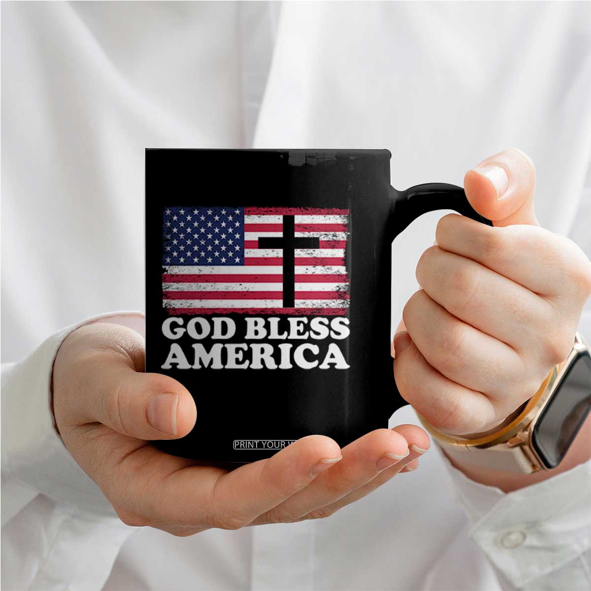 God Bless America Coffee Mug Cross USA Flag Patriotic 4th of July Christian TS10 Print Your Wear