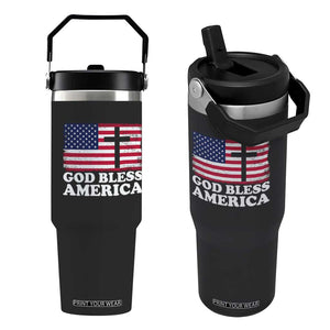 God Bless America Flip Straw Tumbler Cross USA Flag Patriotic 4th of July Christian TS10 One Size: 30 oz Black Print Your Wear