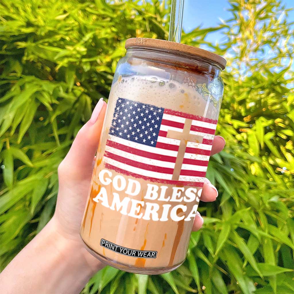 God Bless America Glass Can Cross USA Flag Patriotic 4th of July Christian TS10 Print Your Wear