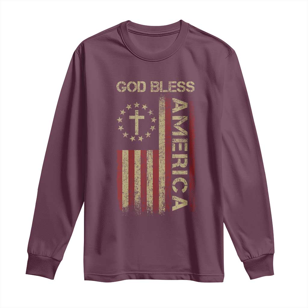 God Bless America Long Sleeve Shirt American Flag 4th Of July Patriotic Christian TS10 Maroon Print Your Wear