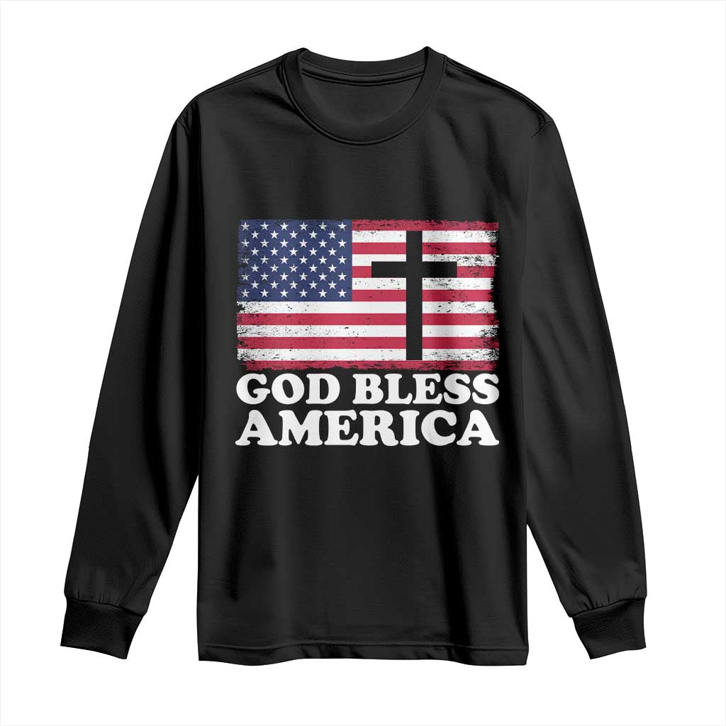 God Bless America Long Sleeve Shirt Cross USA Flag Patriotic 4th of July Christian TS10 Black Print Your Wear