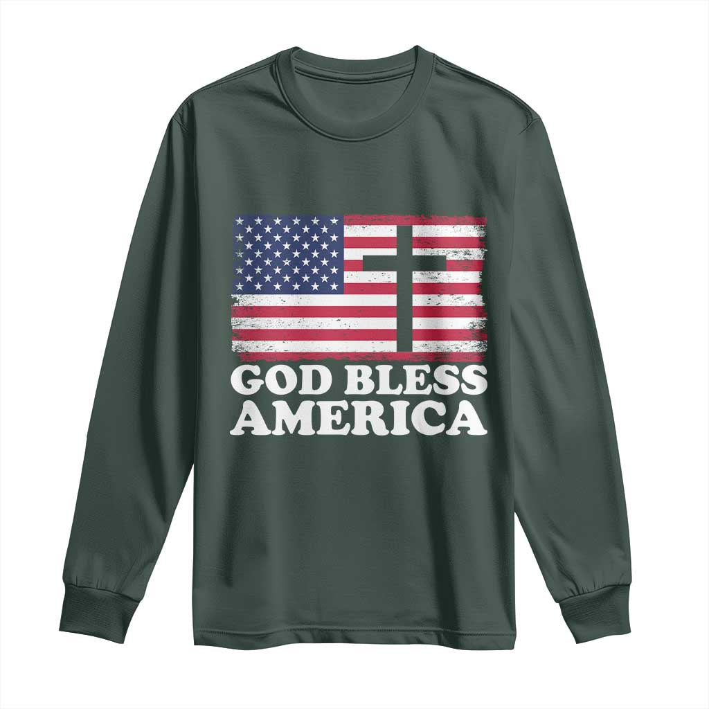 God Bless America Long Sleeve Shirt Cross USA Flag Patriotic 4th of July Christian TS10 Dark Forest Green Print Your Wear