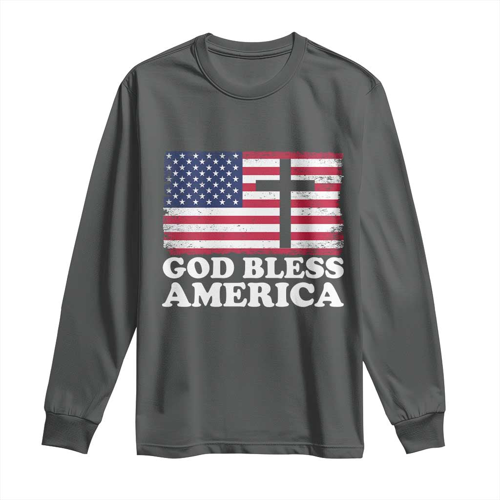 God Bless America Long Sleeve Shirt Cross USA Flag Patriotic 4th of July Christian TS10 Dark Heather Print Your Wear